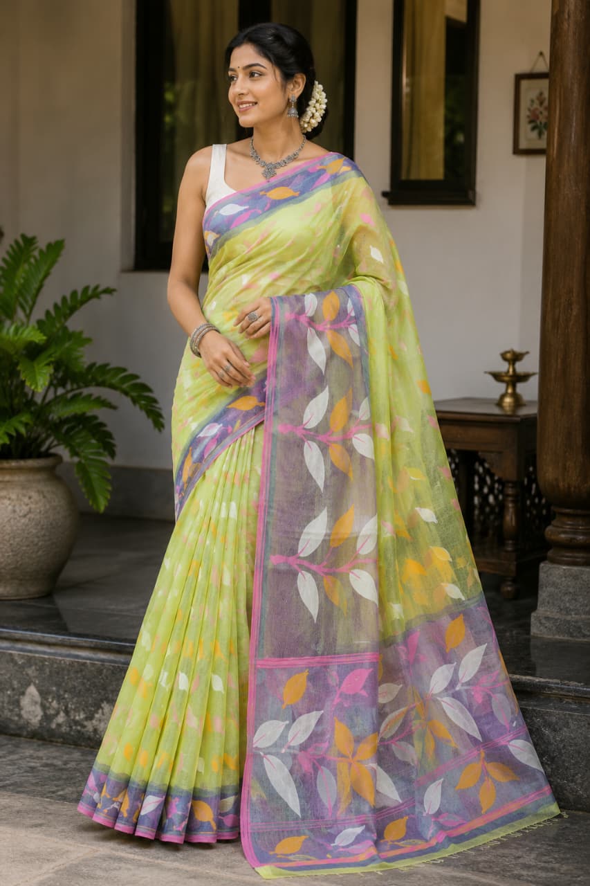 Premium Handloom Reshom Jamdani Saree for Women – Green Body with Artistic Floral Pallu | Bengal Handwoven Saree