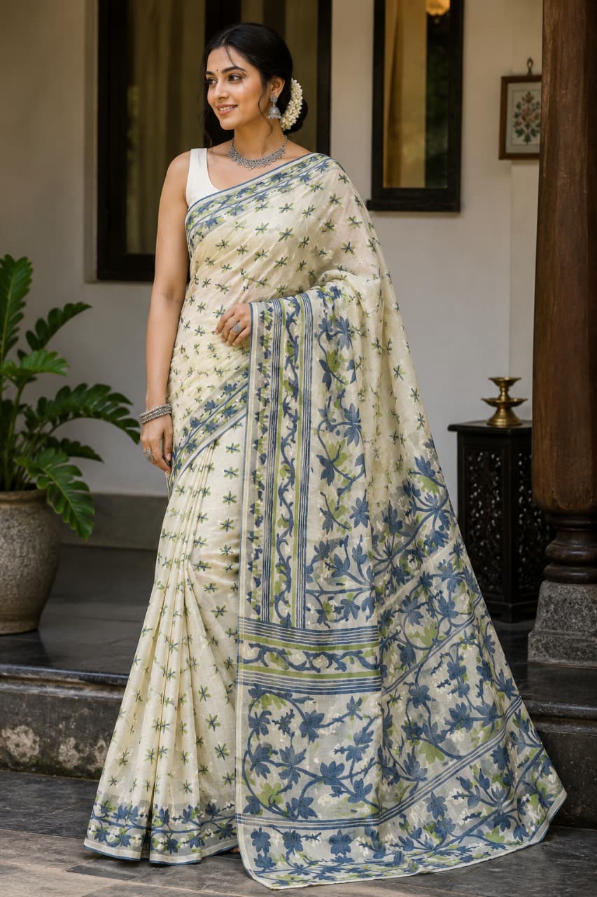 Premium Handloom Reshom Jamdani Saree for Women – White with Blue Floral Weaving | Bengal Jamdani Saree