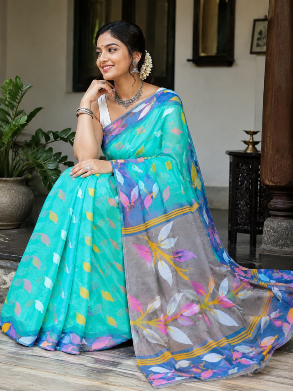 Premium Handloom Reshom Jamdani Saree for Women – Aqua Blue with Artistic Floral Pallu | Bengal Handwoven Saree