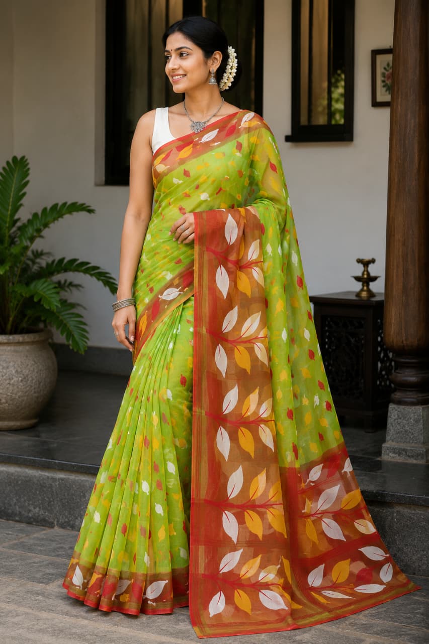 Premium Handloom Reshom Jamdani Saree for Women – Parrot Green with Rust Floral Pallu | Bengal Handwoven Saree