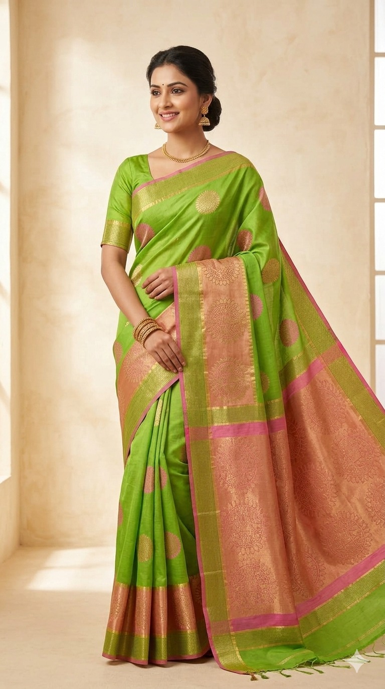 Premium Handloom Cotton Saree in Parrot Green with Copper Zari Border & Traditional Woven Motifs
