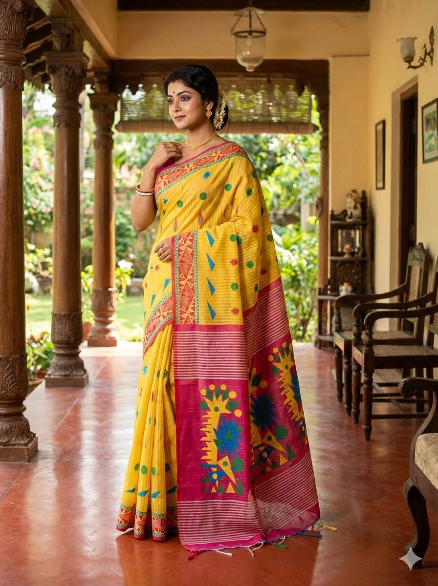 Premium Handloom Cotton Saree in Mustard Yellow with Multicolor Traditional Pallu & Woven Border