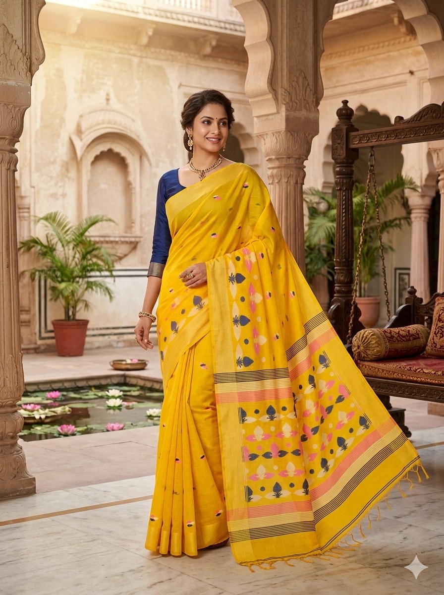Premium Mustard Yellow Handloom Cotton Saree with Traditional Woven Pallu & Elegant Border