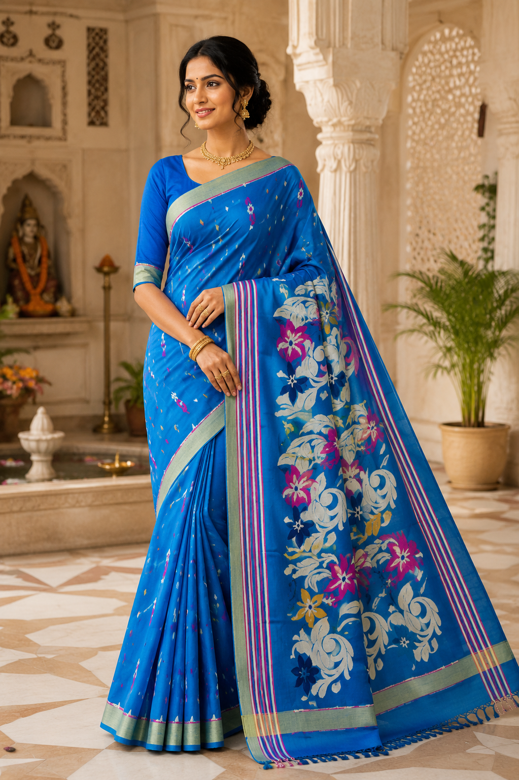 Premium Royal Blue Handloom Cotton Saree with Floral Designer Pallu & Woven Border