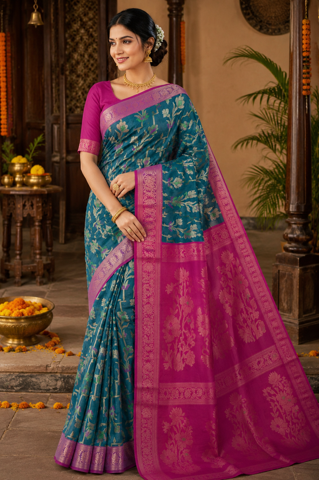 Premium Teal Blue Handloom Cotton Saree with Magenta Floral Zari Pallu