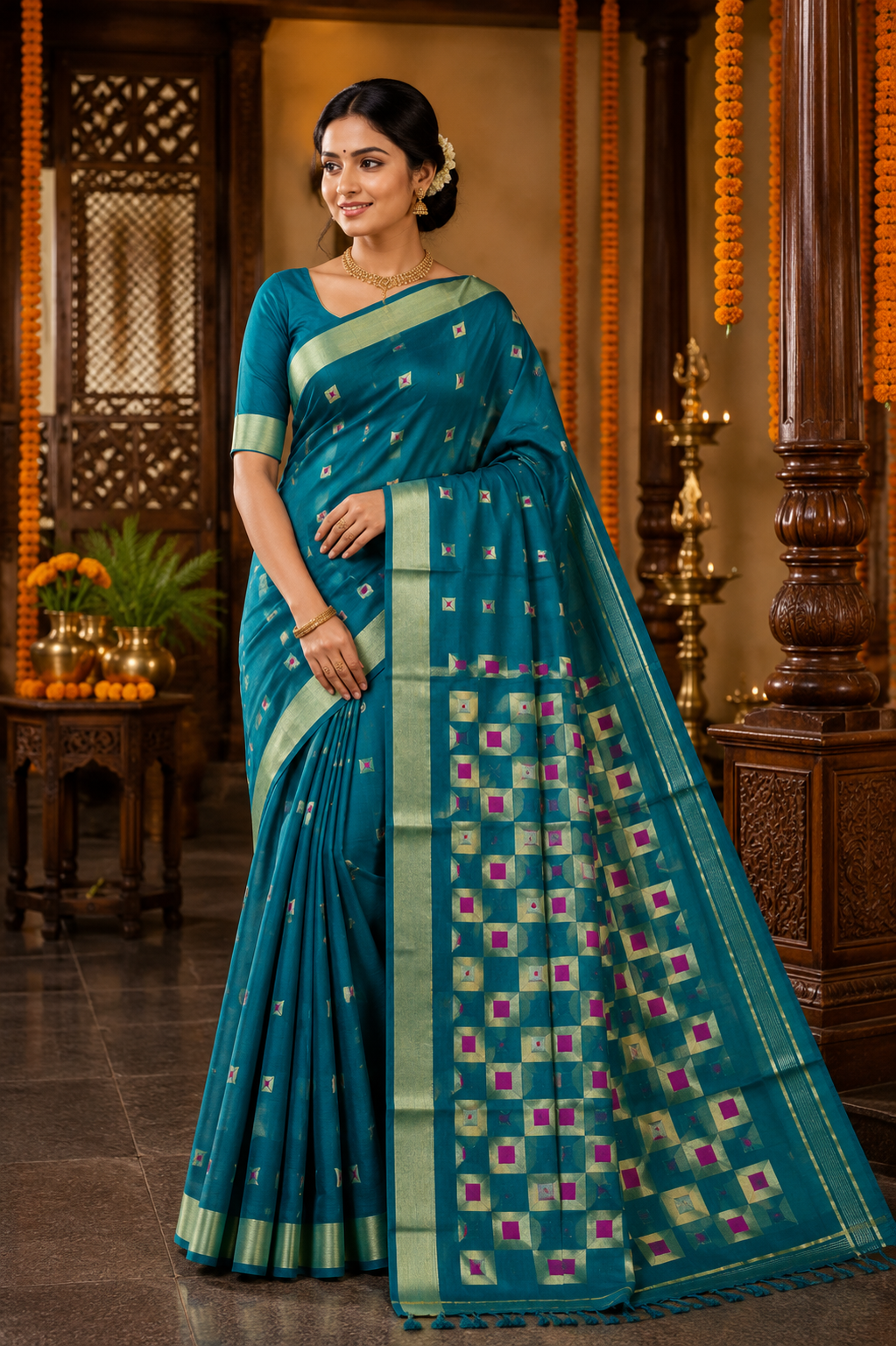 Premium Teal Handloom Cotton Saree with Geometric Designer Pallu & Golden Woven Border