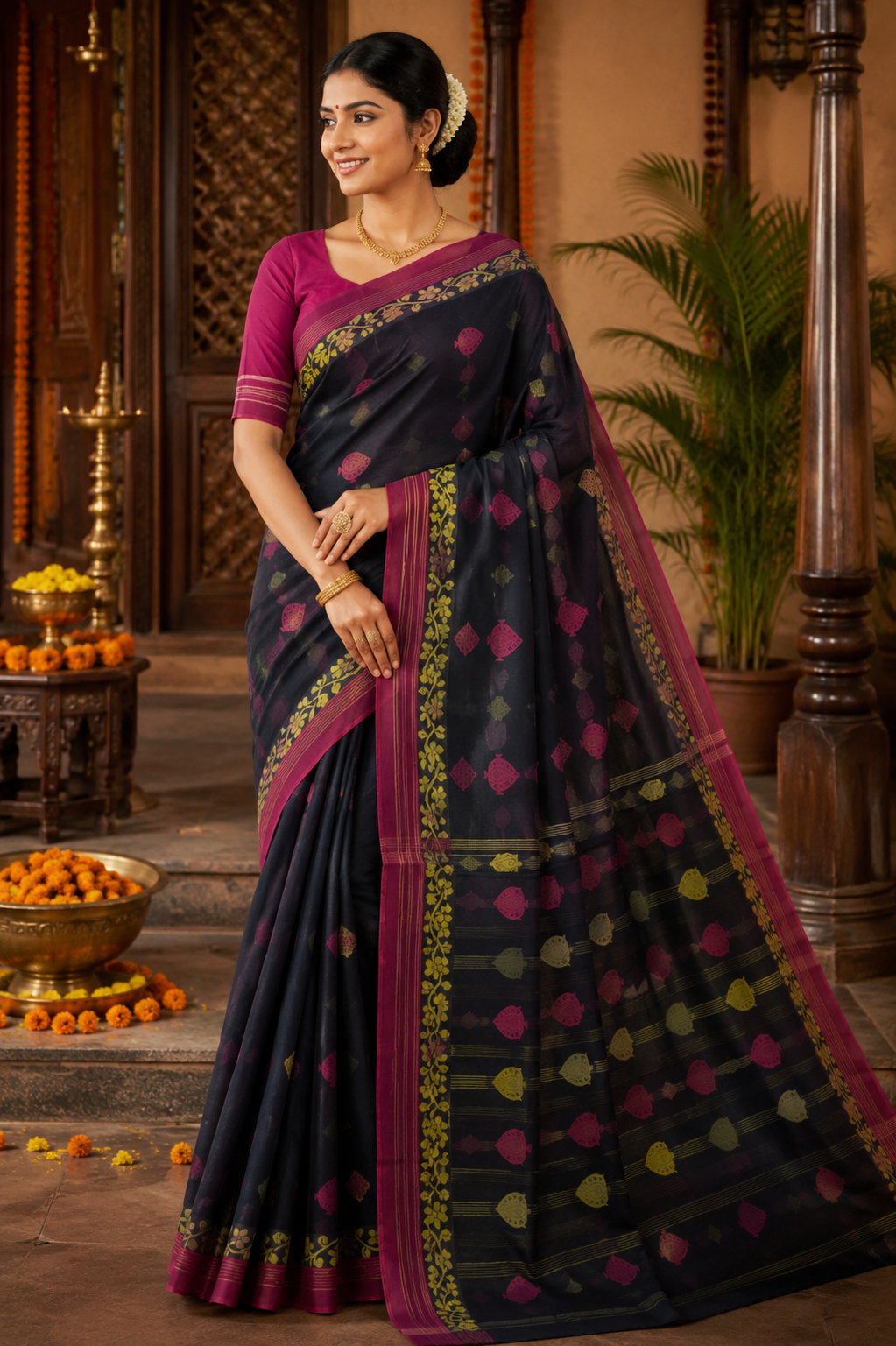 Premium Black Tant Cotton Saree with Magenta Border & Traditional Woven Motifs