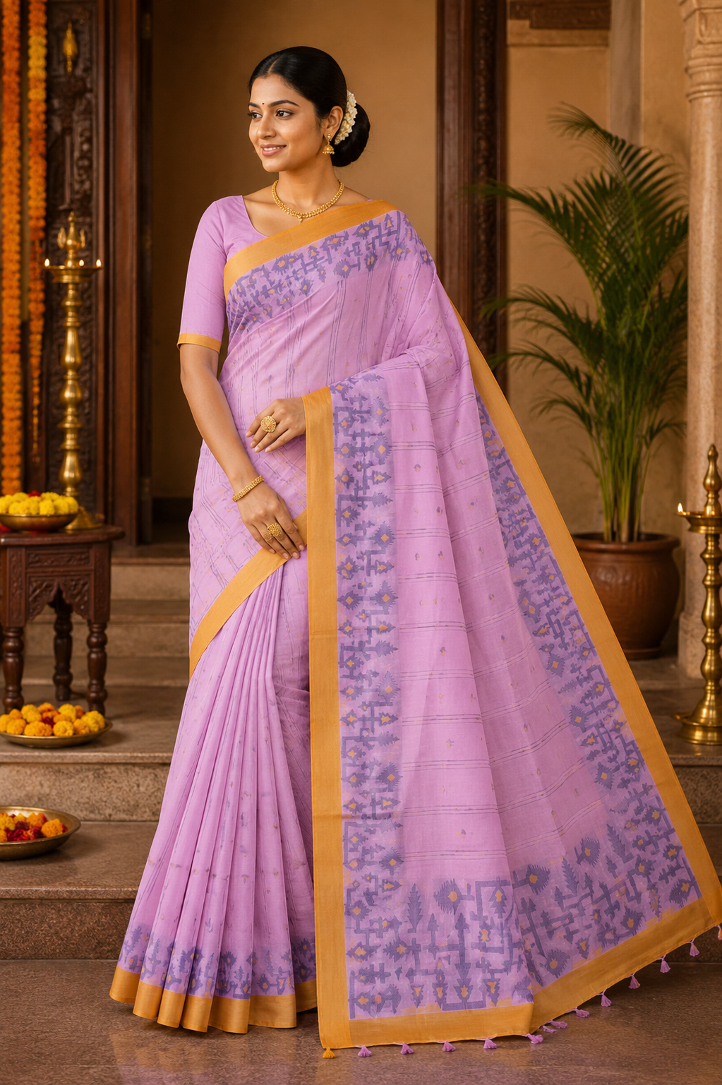 Premium Pink Tant Cotton Saree with Woven Geometric Border & Traditional Handloom Design