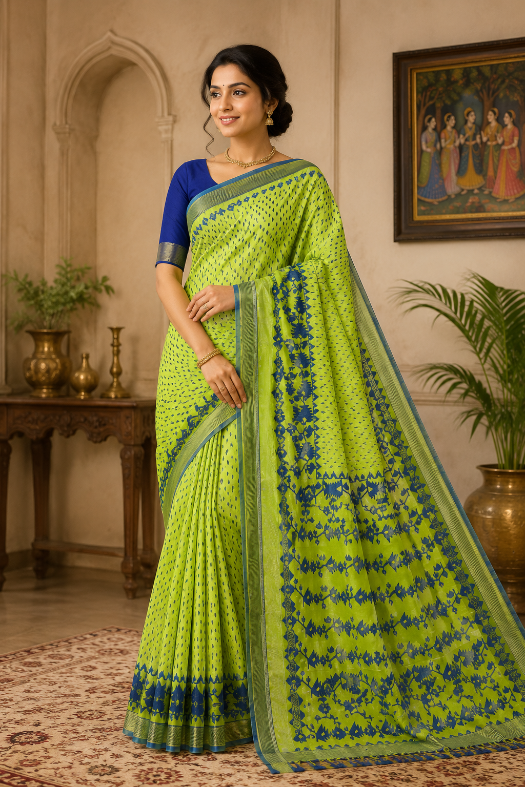 Premium Lime Green Handloom Cotton Jamdani Saree with Royal Blue Woven Floral Pallu | Traditional Bengali Jamdani Saree