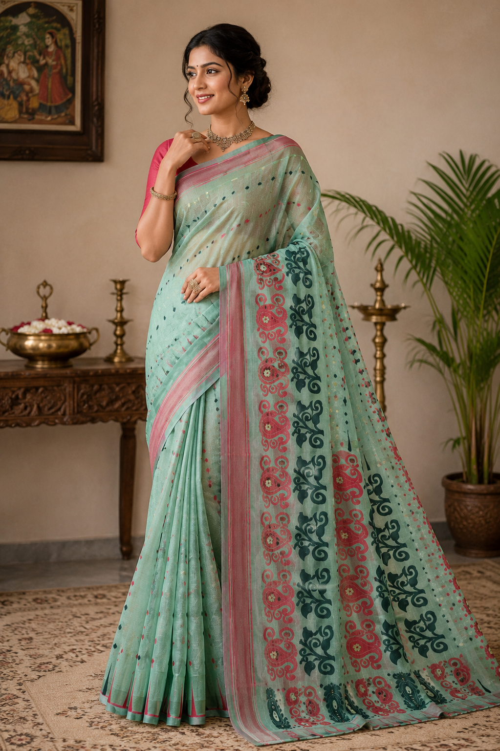 Premium Mint Green Handloom Jamdani Saree with Pink & Black Artistic Woven Pallu