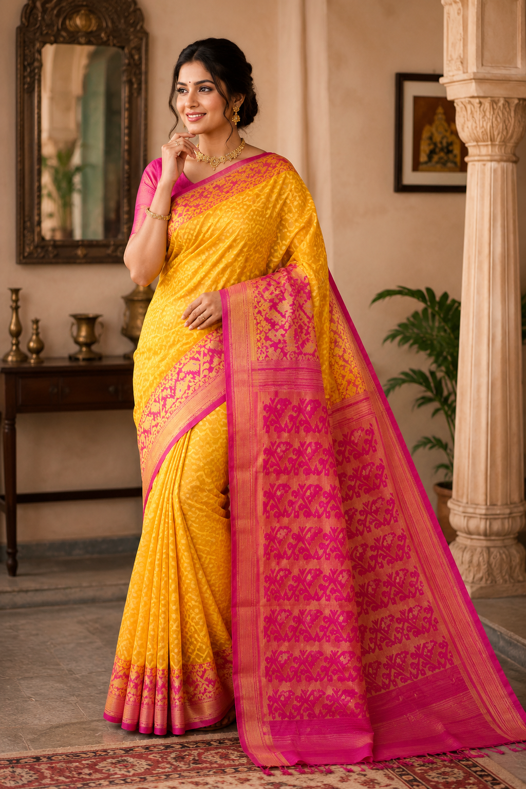 Premium Mustard Yellow Handloom Jamdani Saree with Magenta Woven Pallu & Border