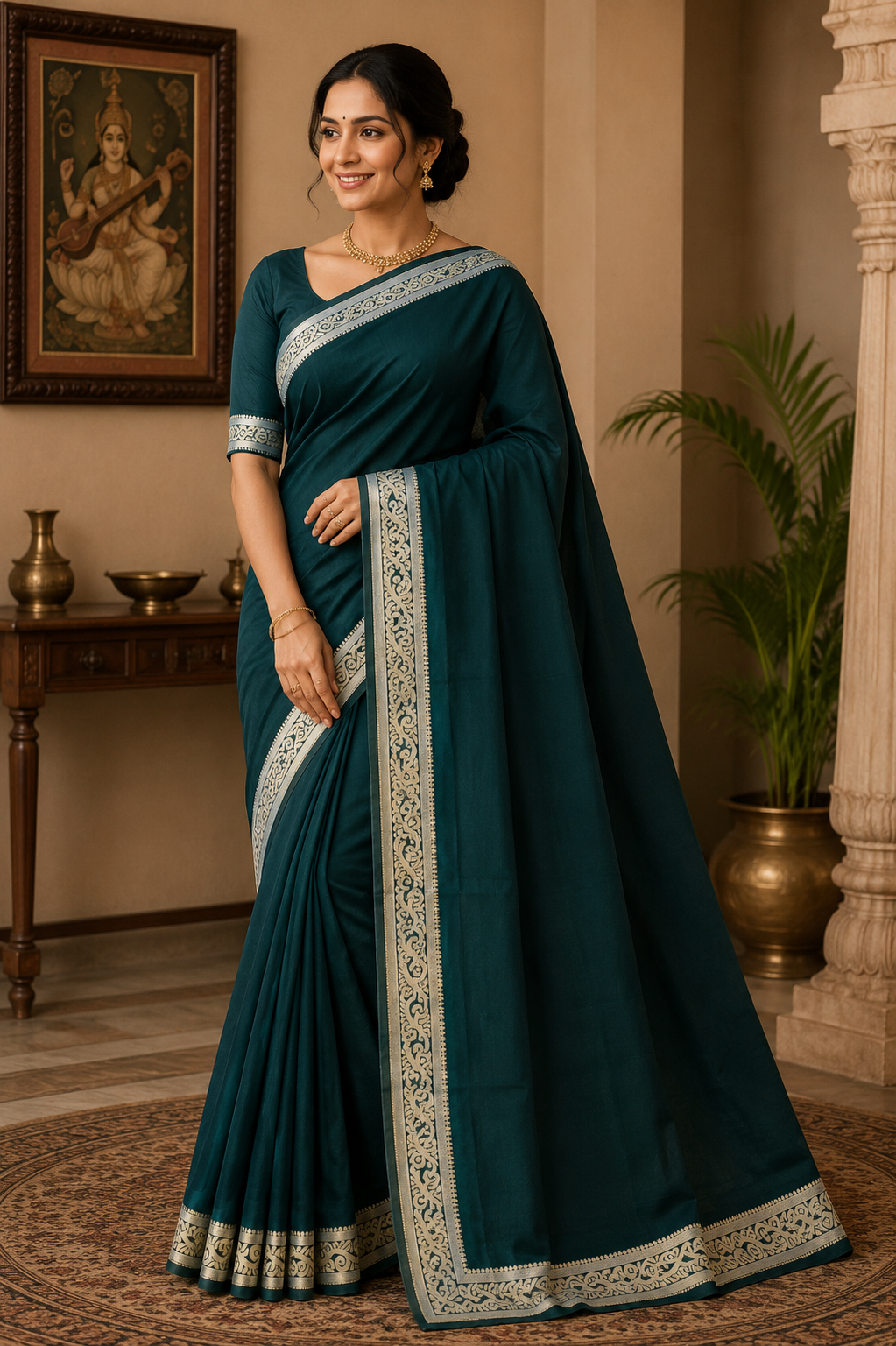 Premium Bottle Green Cotton Handloom Saree with Silver Woven Border | Elegant Bengali Handloom Saree