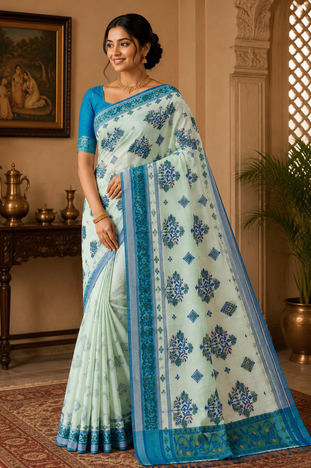 Premium Off-White & Royal Blue Cotton Jamdani Saree with Floral Woven Motifs | Handwoven Bengali Traditional Saree