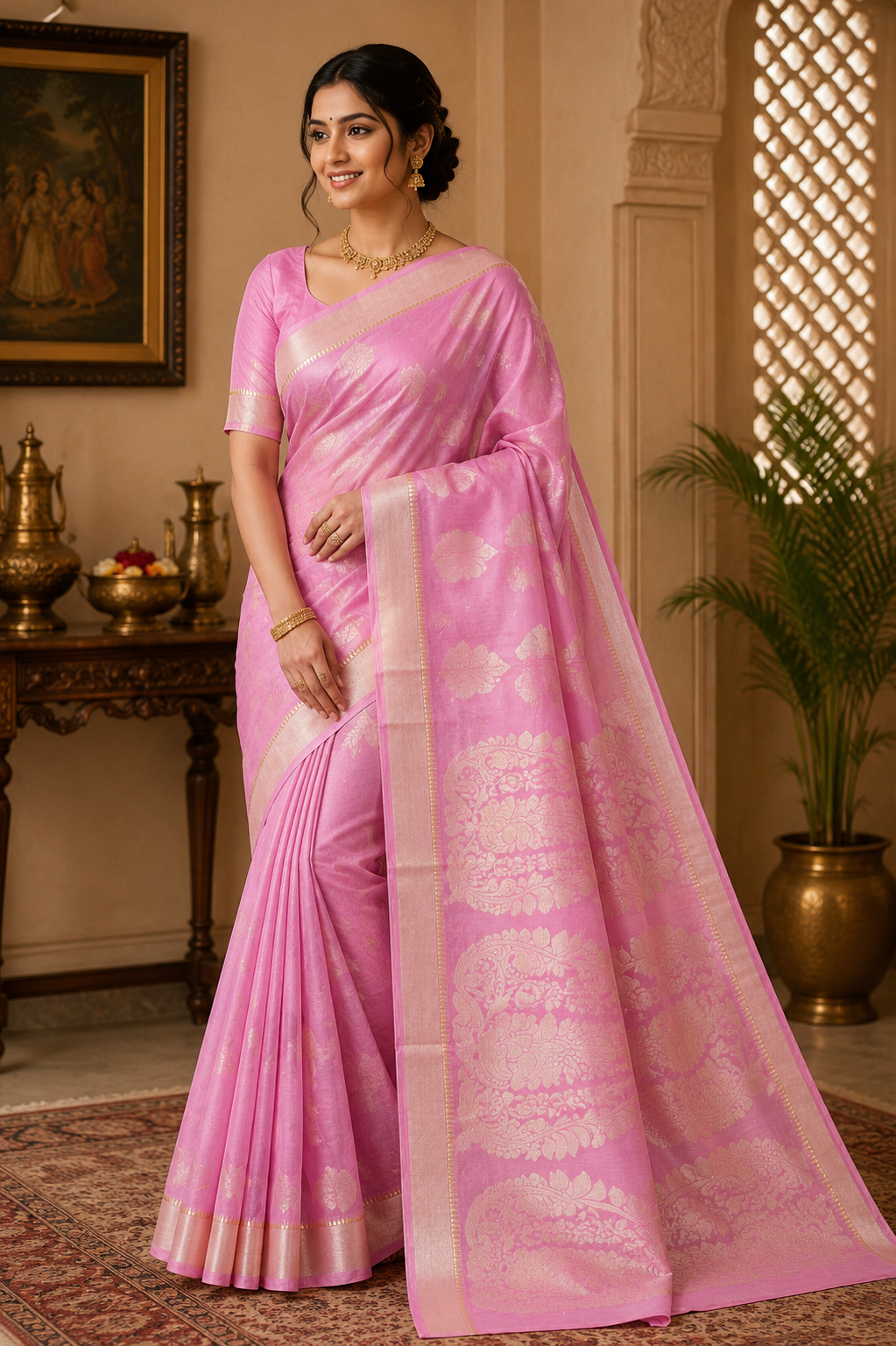 Premium Baby Pink Handloom Cotton Saree with Woven Designer Pallu & Elegant Zari Motifs