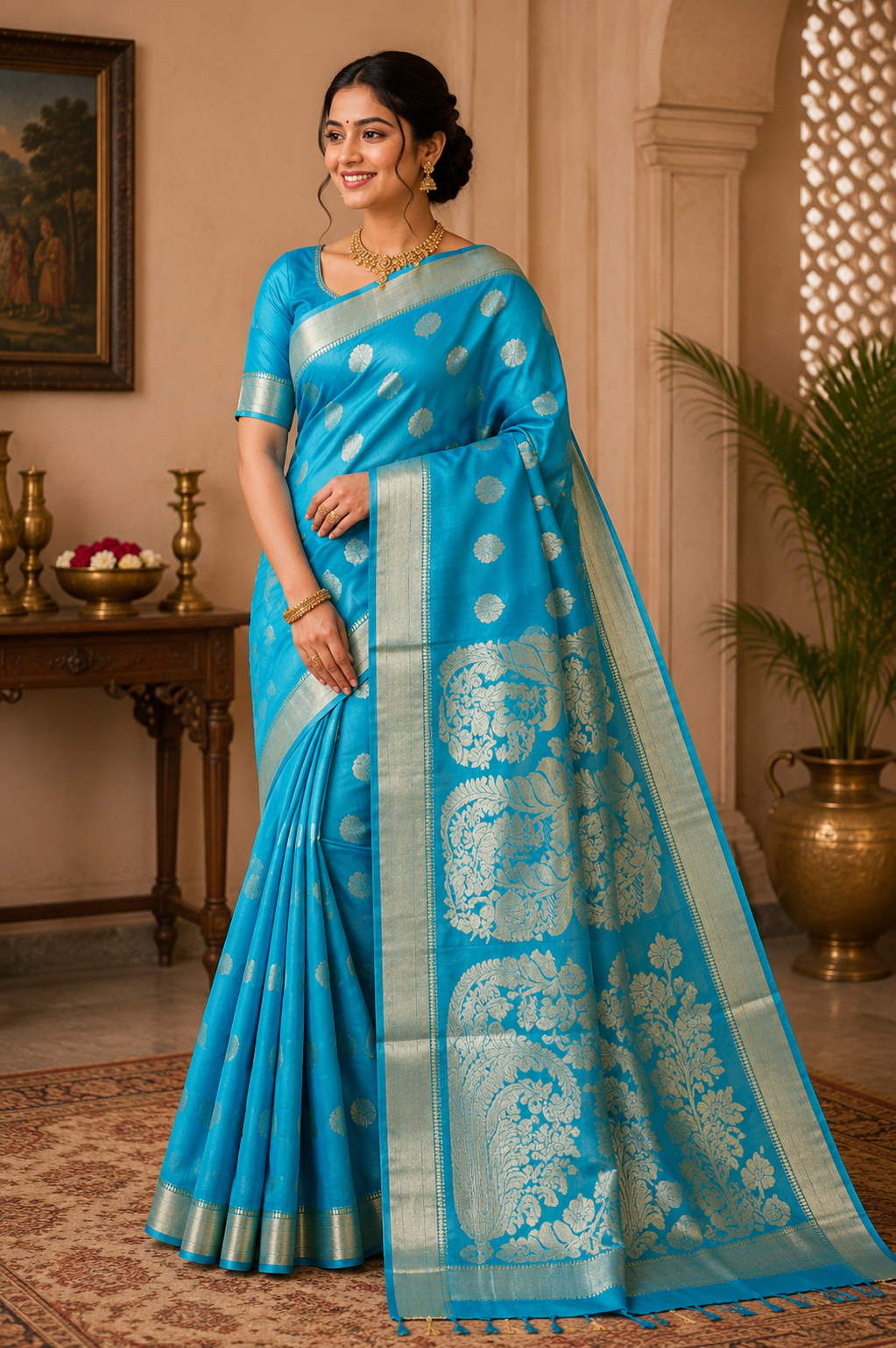 Premium Turquoise Blue Handloom Cotton Saree with Silver Zari Floral Pallu & Buti Design
